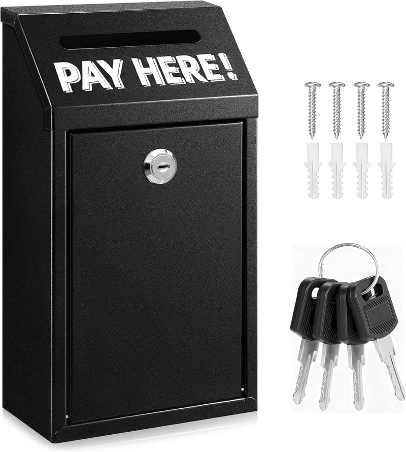 Hualleko Metal Donation Box with Lock – Wall Mounted Cash Money Box with Slot for Cash Deposit, Money Drop with Lock and Slot for Home/Office/Outdoors 10.2 x 5.6 x 2.9 Inch(Black) - Image 1
